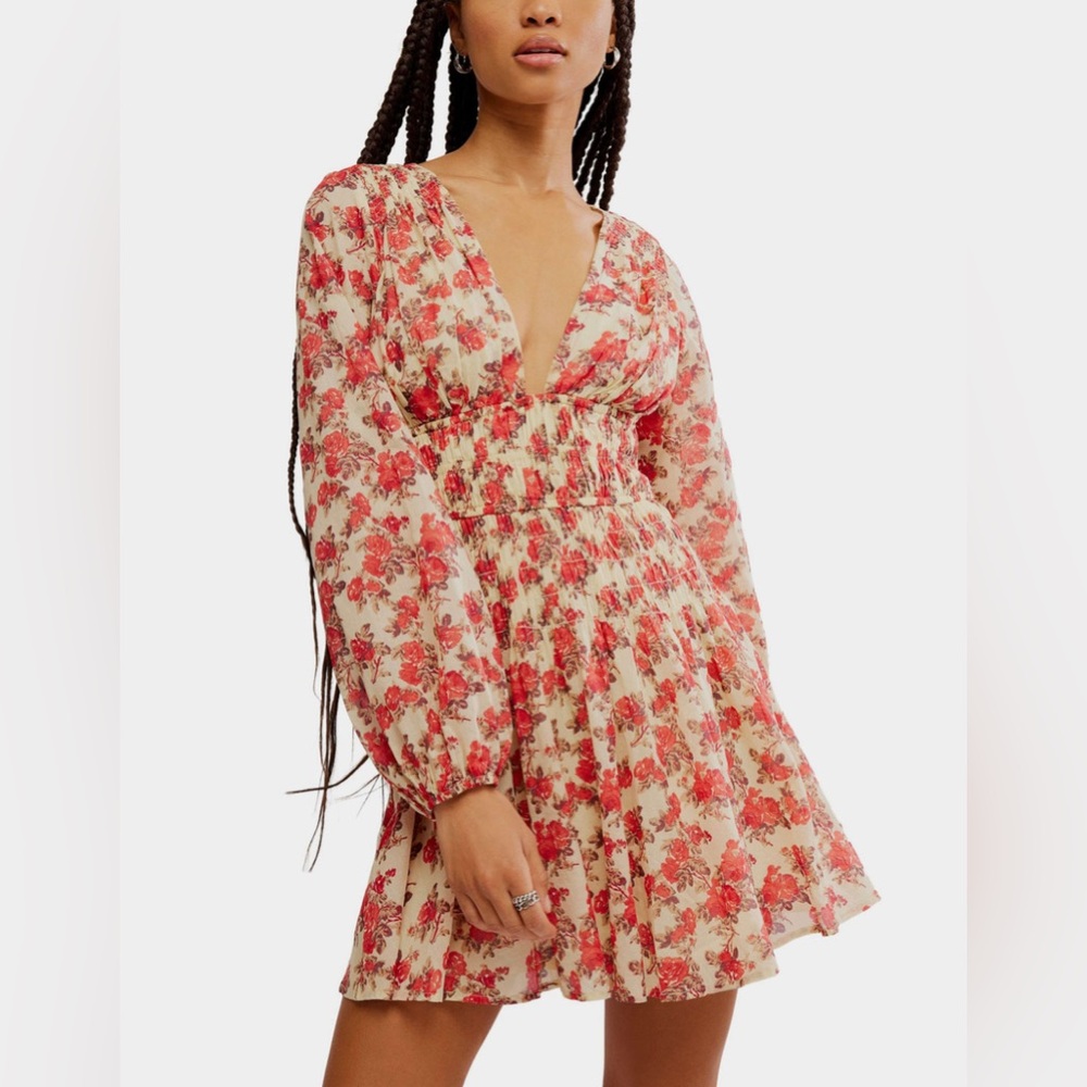 FREE PEOPLE Boho Fit & Flare Floral Mini Dress - Size XS - Balloon Sleeve - NWT